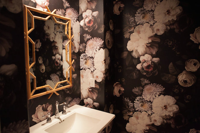 Black And Gold Powder Room With Ellie Cashman Dark Floral Wallpaper