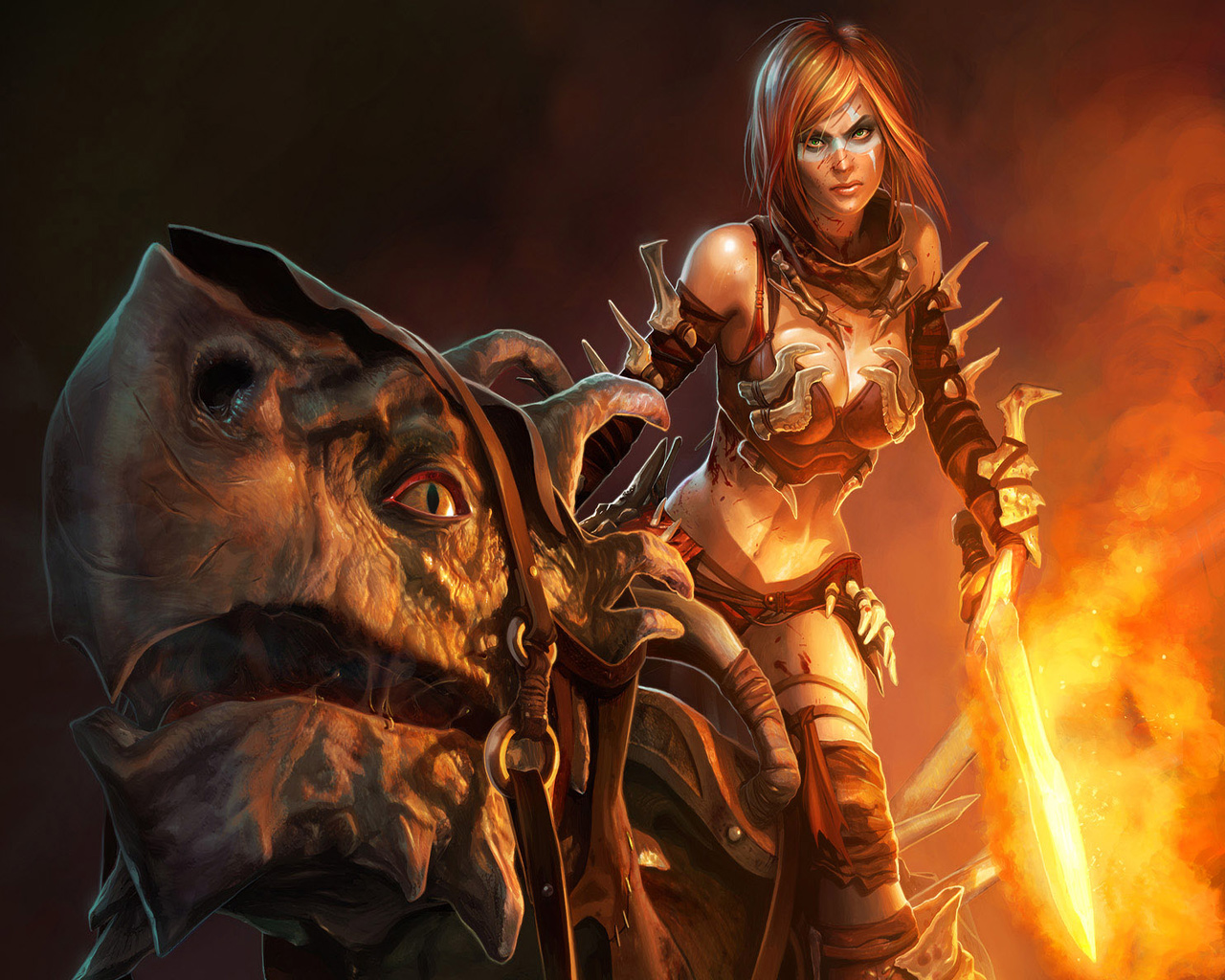 Fantasy Worrier Woman Female Warrior With Fire Sword Beautiful