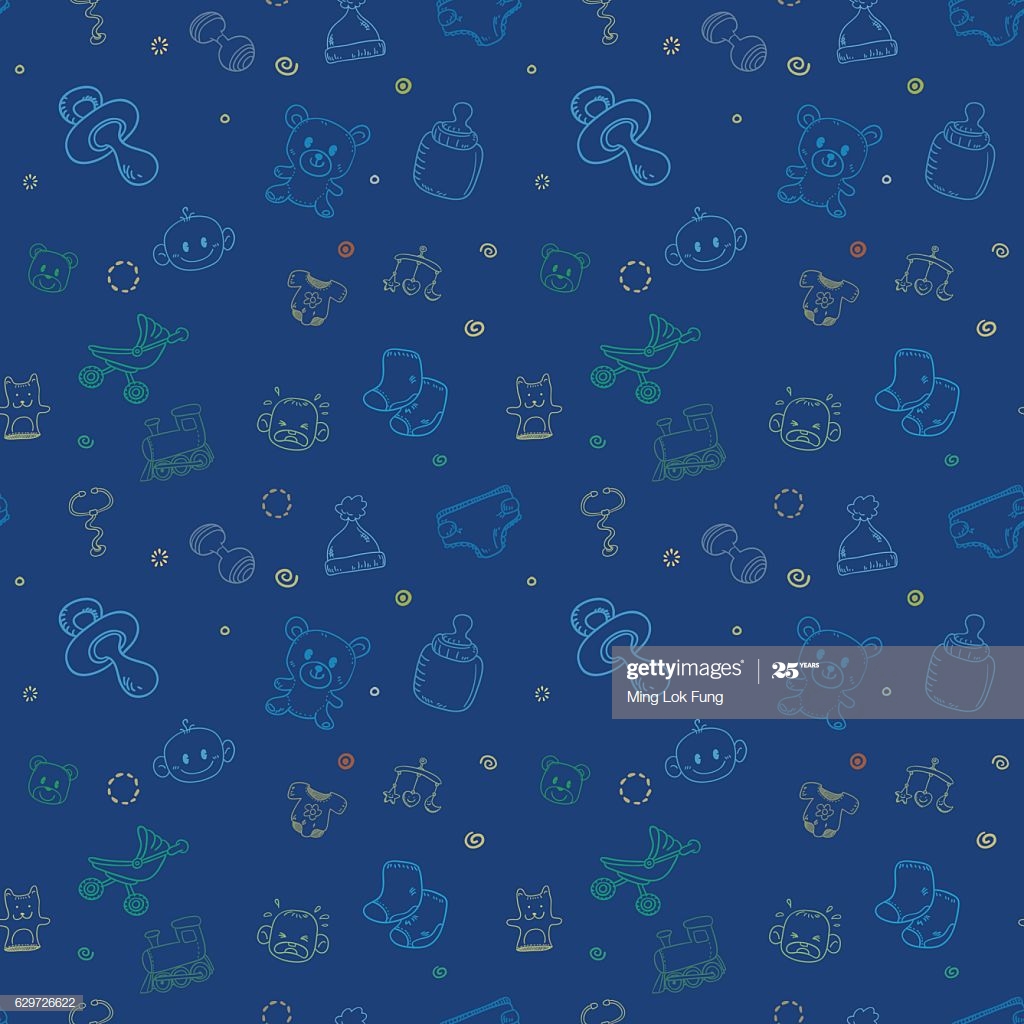 Seamless Background Baby Stuff On Blue Backgound High Res Vector