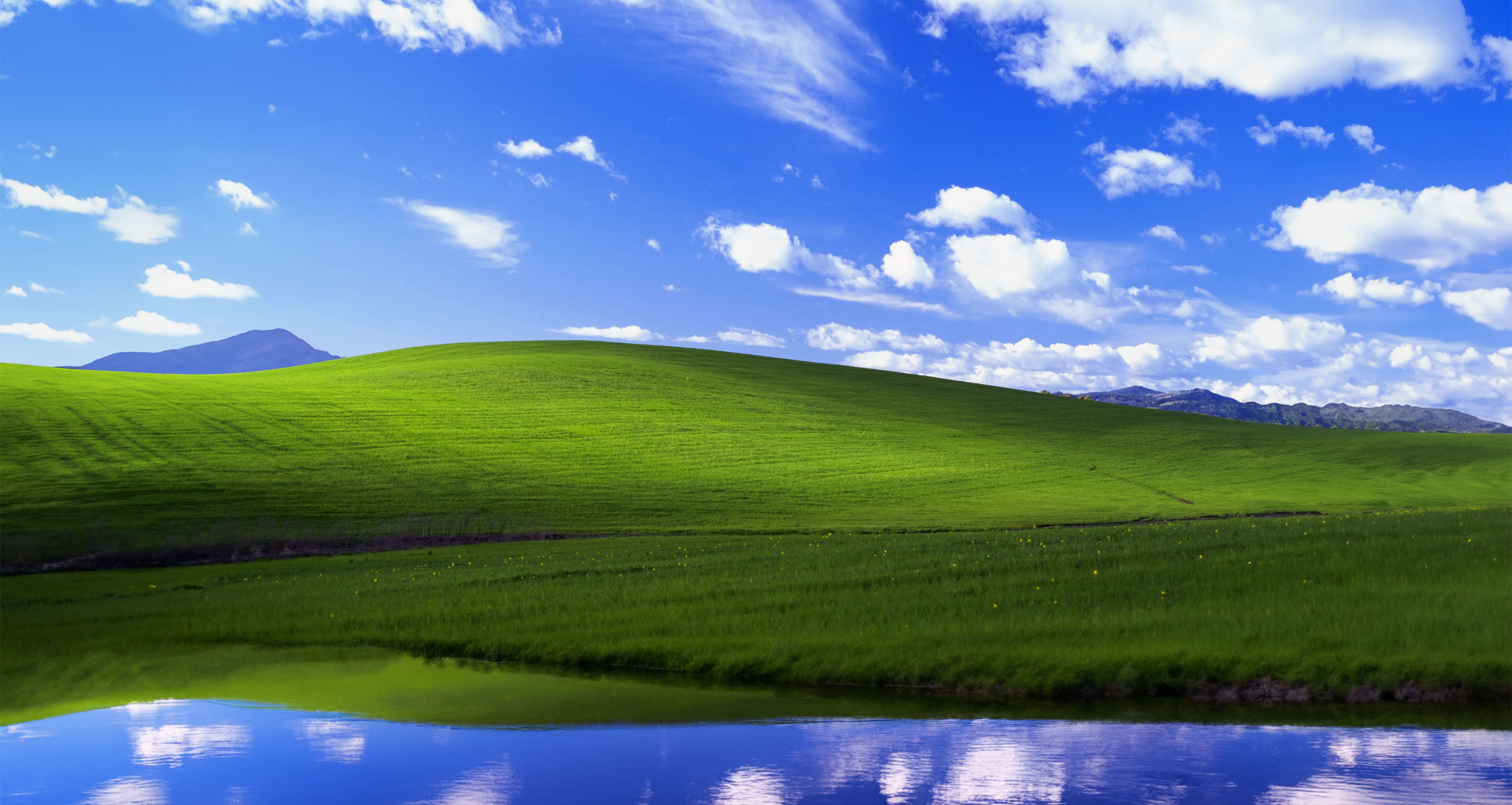 Bliss, the default wallpaper of Microsoft Windows XP, featuring a picturesque green hill, blue sky, and white clouds reflected in a small pond