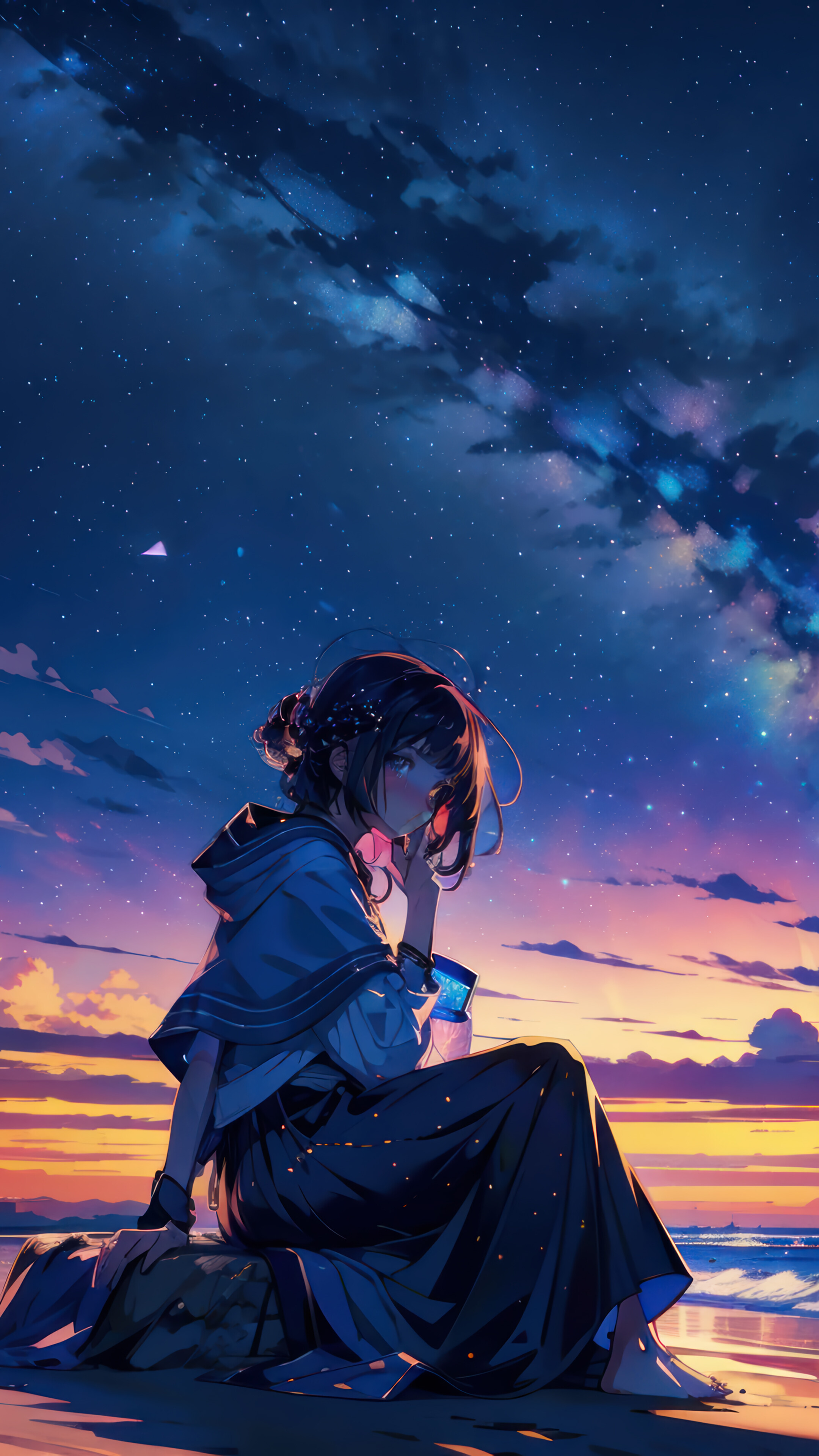 Anime Girl Beach Sunset Art Cloud Sky 4k Wallpaper iPhone HD Phone