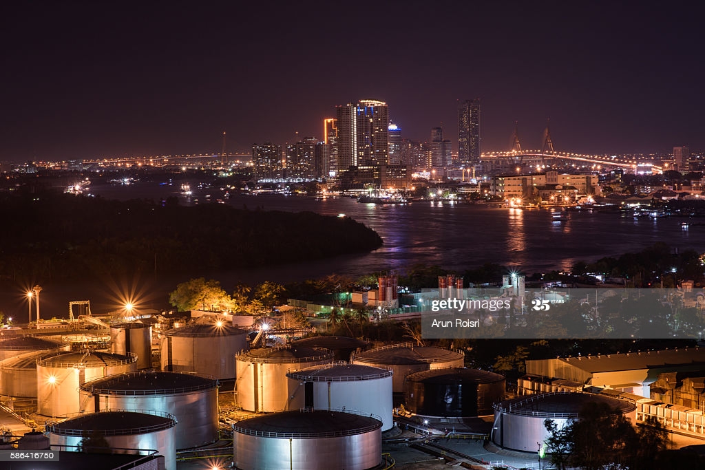 Port And Industry Zone In Bangkok At Dusk With Skyscrapers