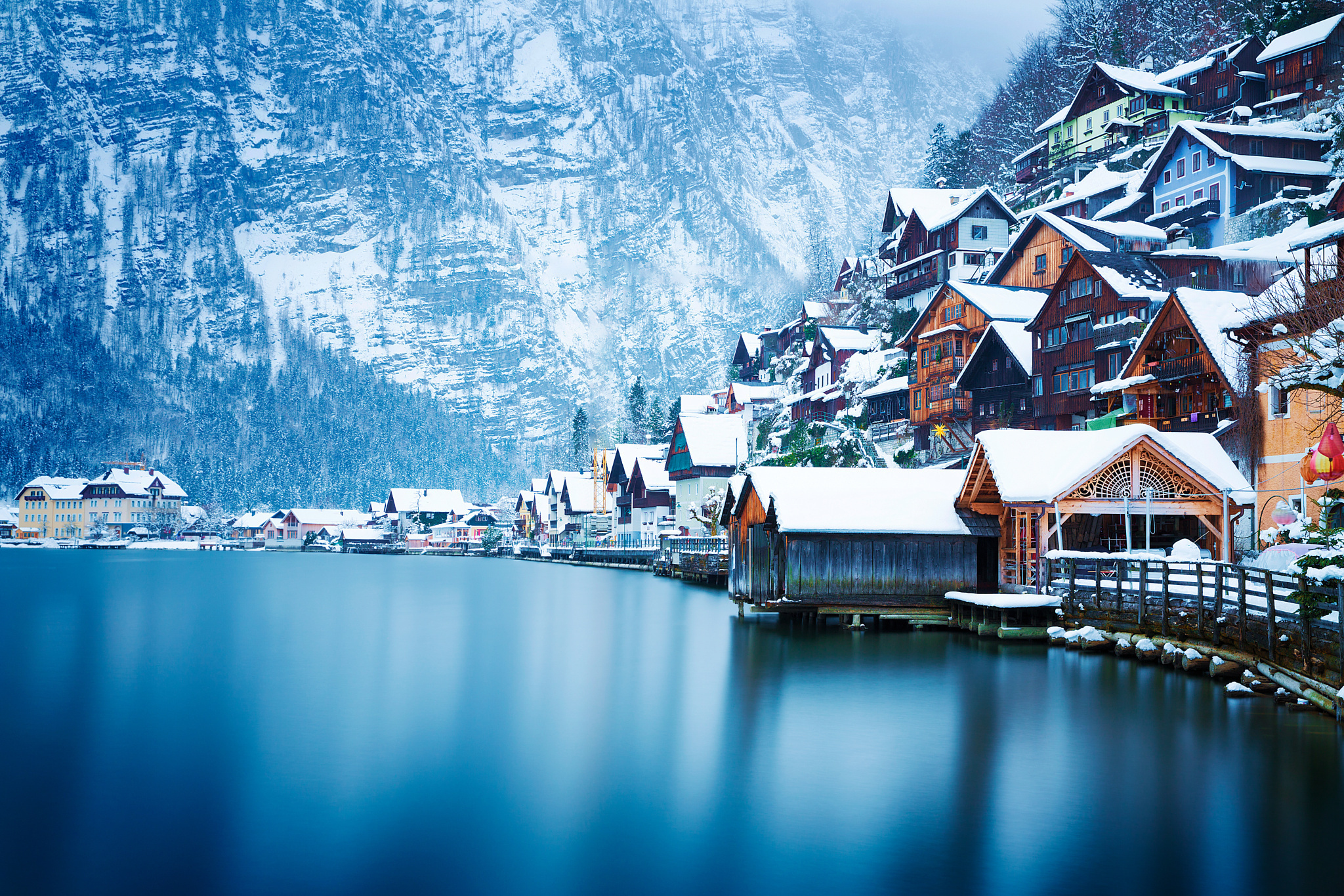 Image Hallstatt Austria Winter Mountain Lake Coast Cities