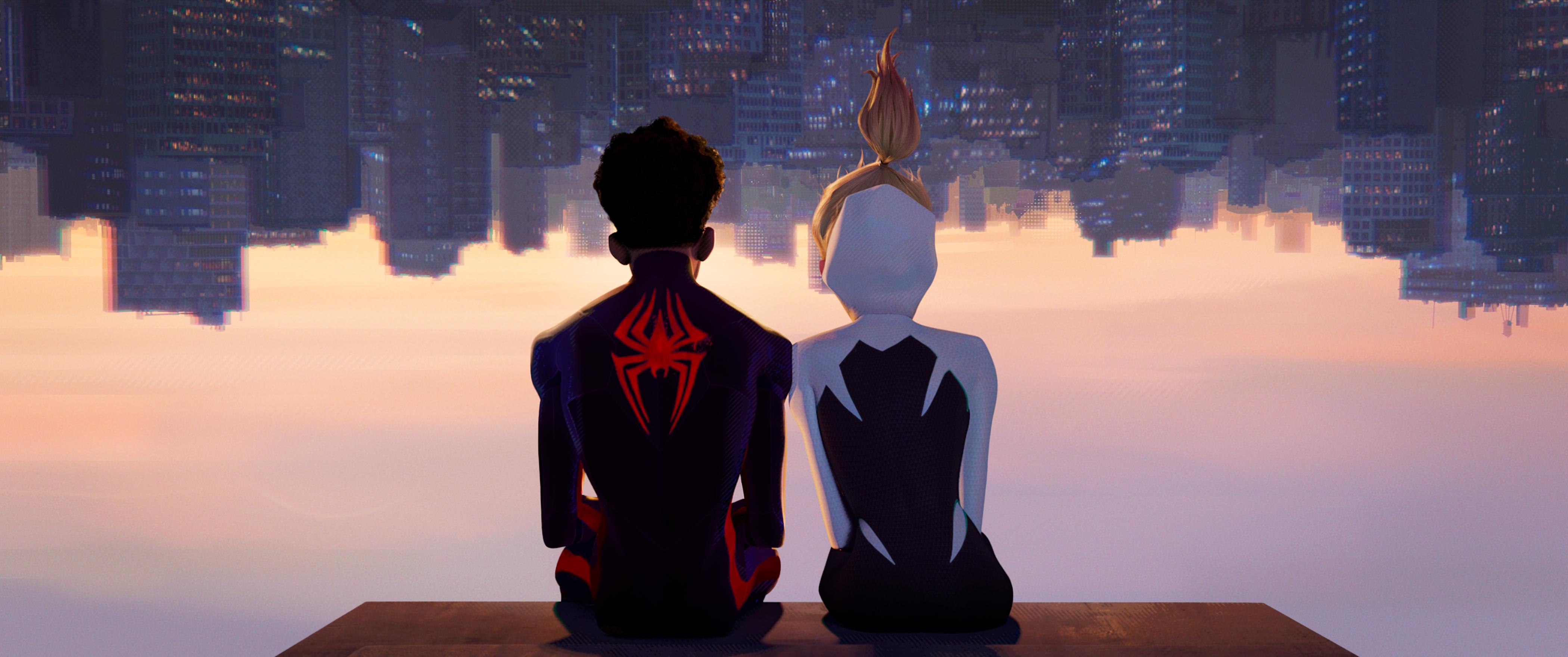 Spider Verse Heroes Contemplating Cityscape HD Wallpaper