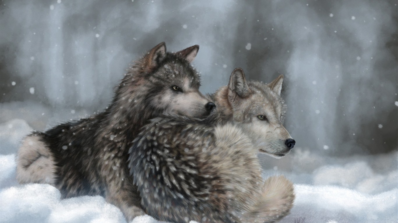 Wolves Nature Art Winter Snow Wild Painting HD Wallpaper