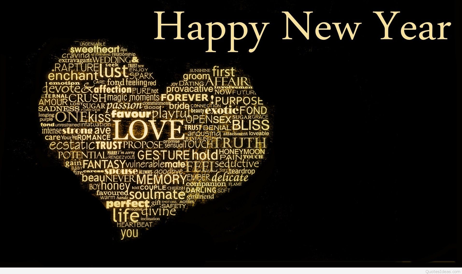 Happy New Year greeting with heart-shaped word cloud about love and relationships