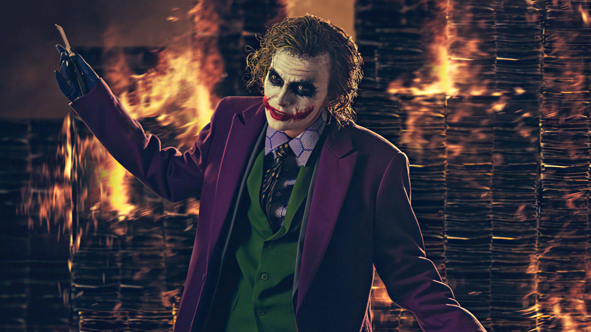Heath Ledger Joker Cosplay Burning Buildings 4k Laptop Full Wallpaper