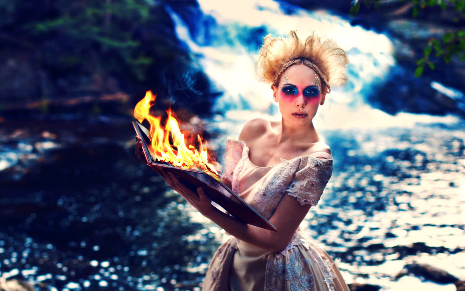 Girl Blonde Eyes Book Fire Model Women Females Girls Water Rivers