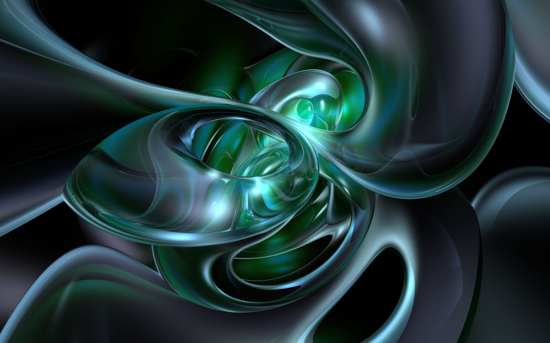 Abstract 3D render of swirling, translucent shapes in shades of teal and dark gray, resembling glass or liquid, against a black background