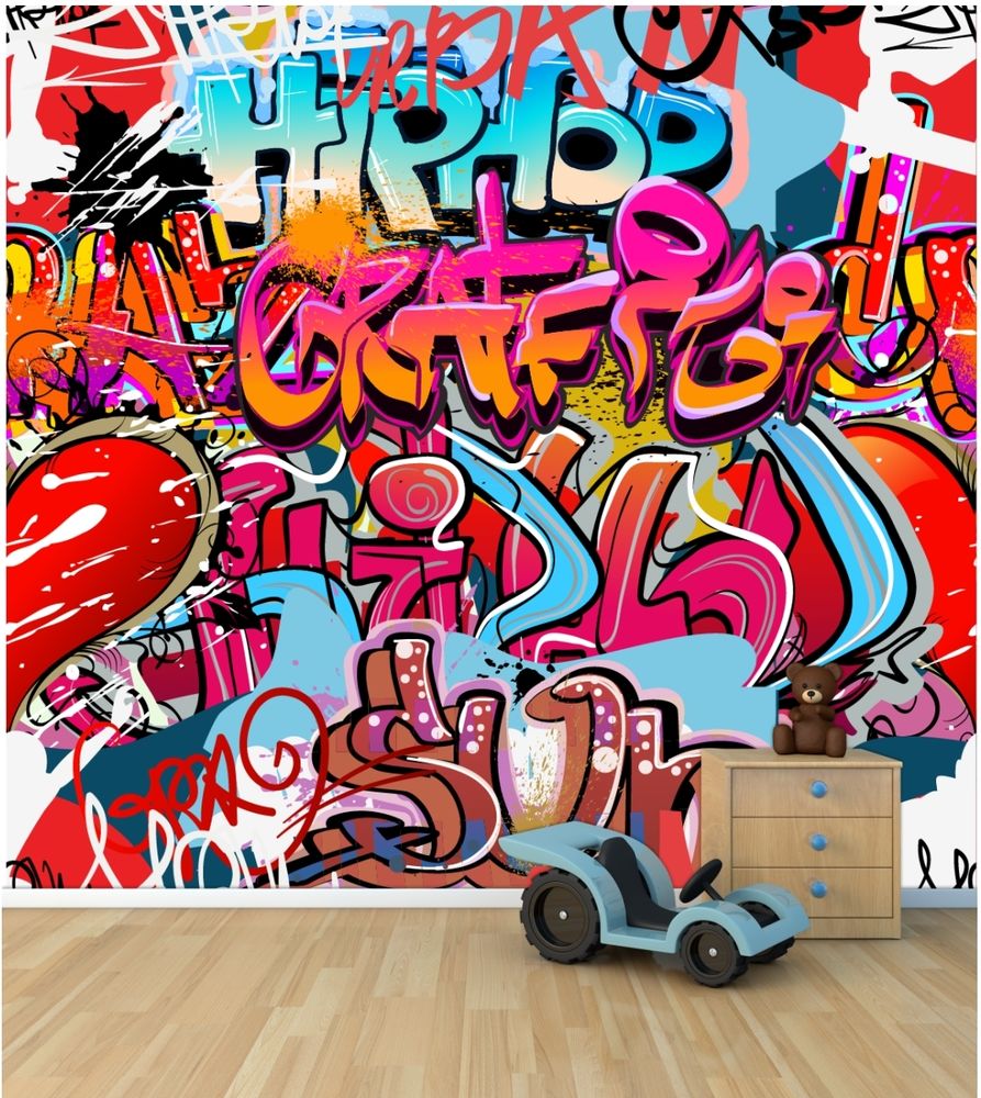 Graffiti Wall Wallpaper Mural Style Childrens Bedroom Feature