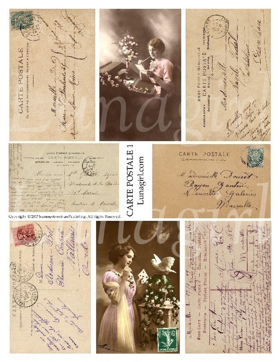 French Writing Text Collage Sheet Vintage Image Postcards