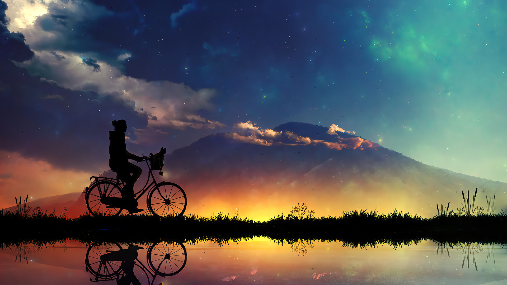 Sunset Sky Scenery Riding Bicycle Silhouette Digital Art 4k