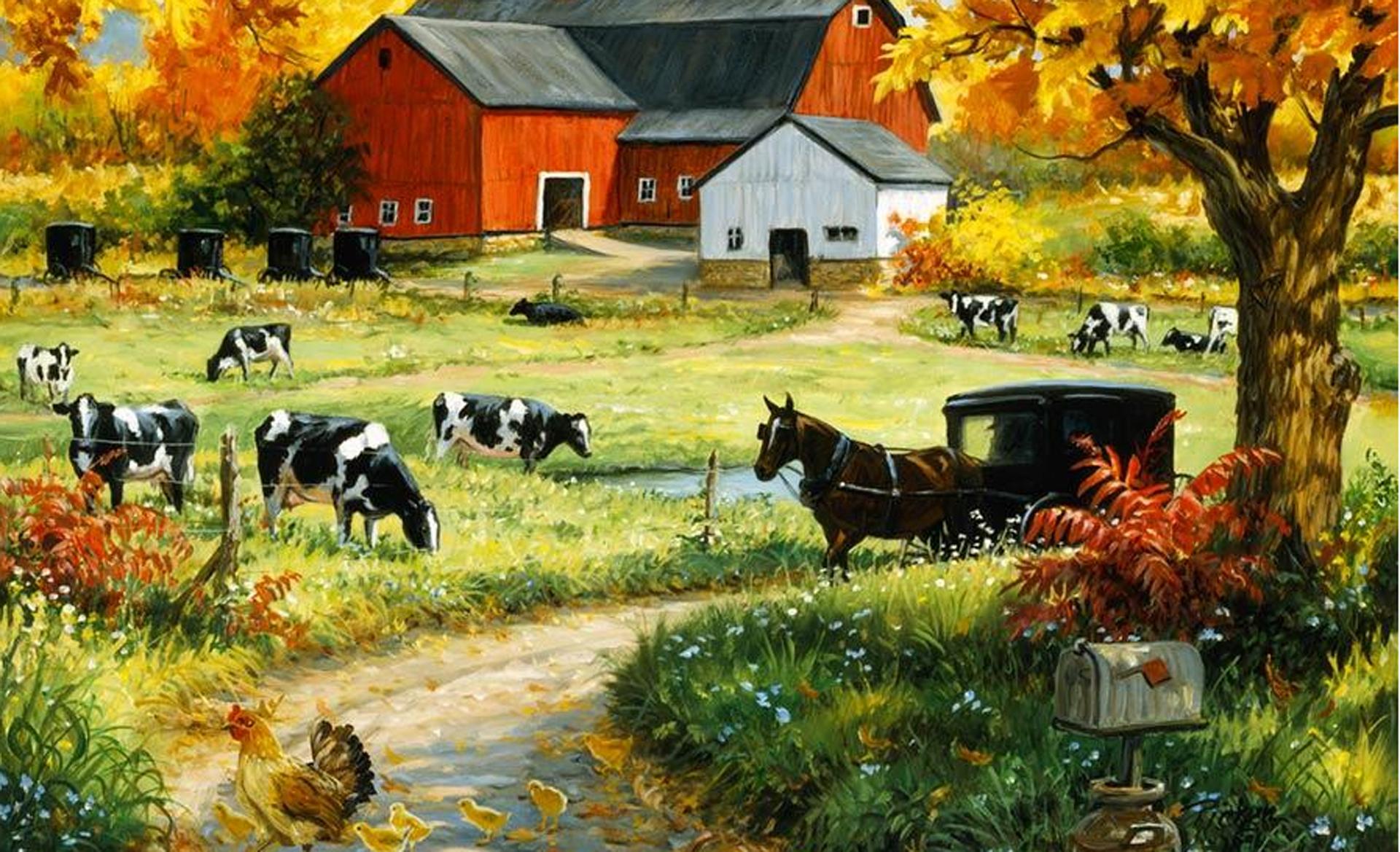 Cow Farm Red Barn Wallpaper