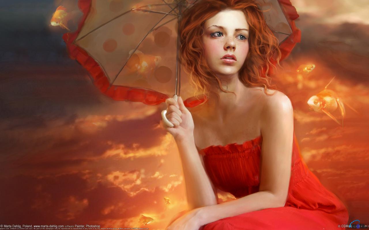 Wallpaper Redhead Girl With Umbrella X Widescreen