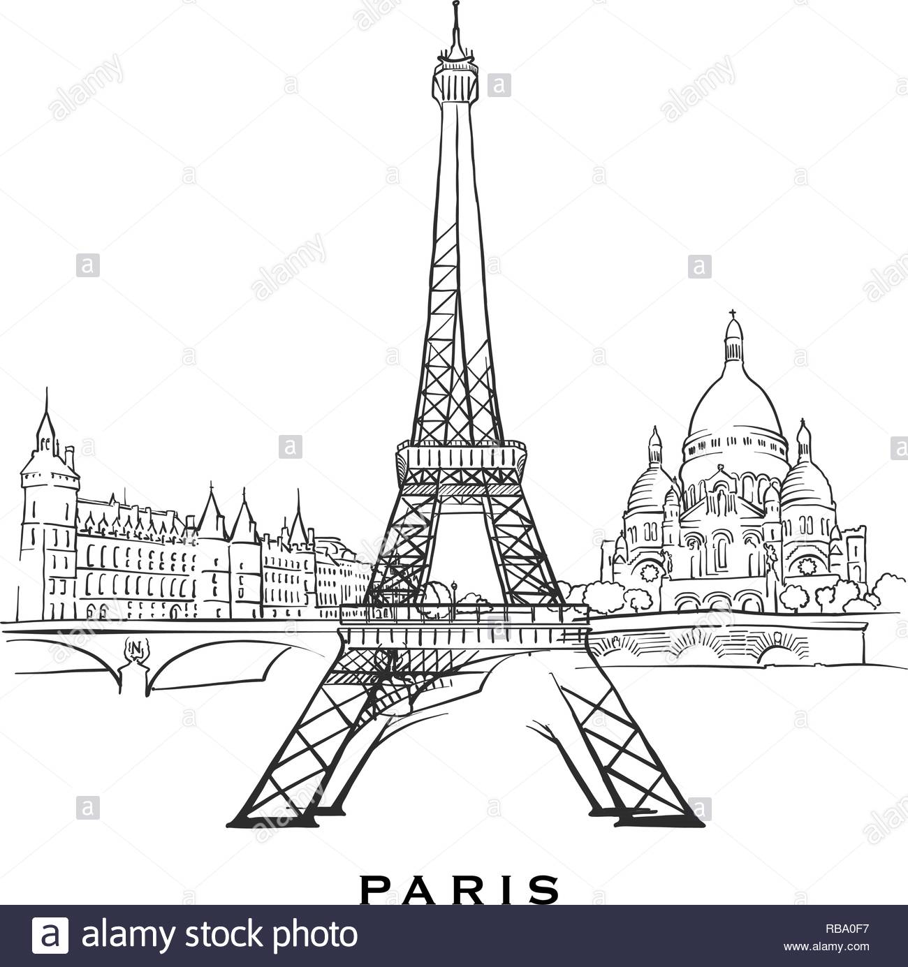 Paris France Famous Architecture Outlined Vector Sketch Separated