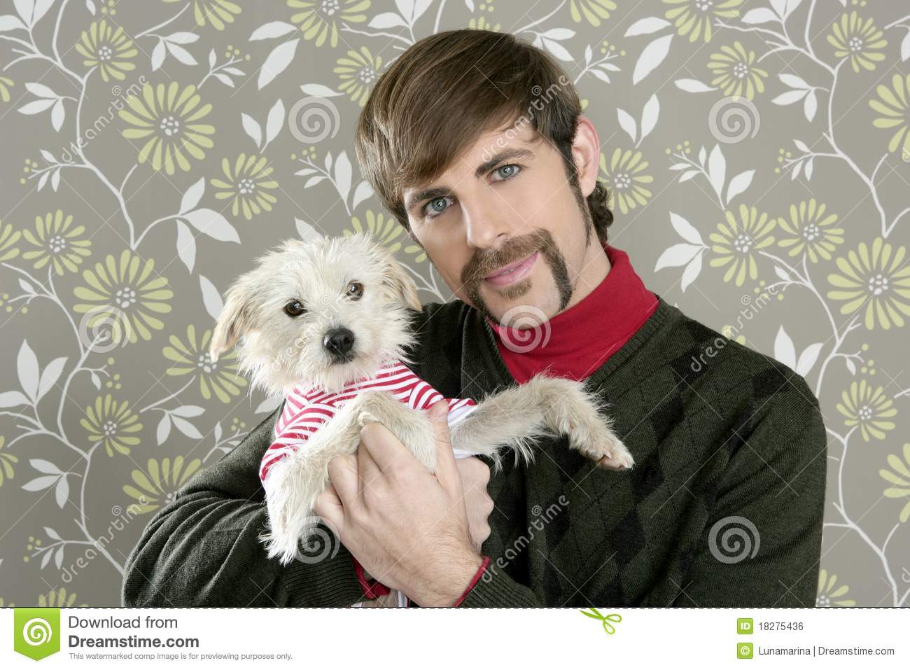 Geek Retro Man Holding Dog Silly On Wallpaper Royalty