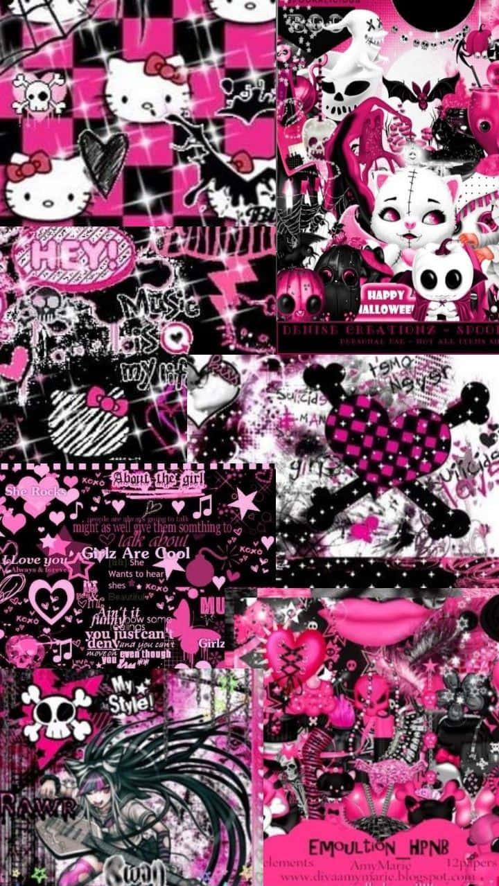 Emo Hello Kitty Look With Cat Ears And Roses Wallpaper