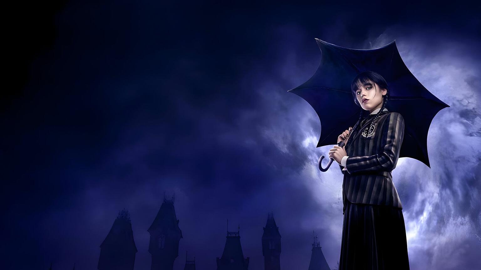 Wednesday Addams With Umbrella Purple Desktop Wallpaper 4k