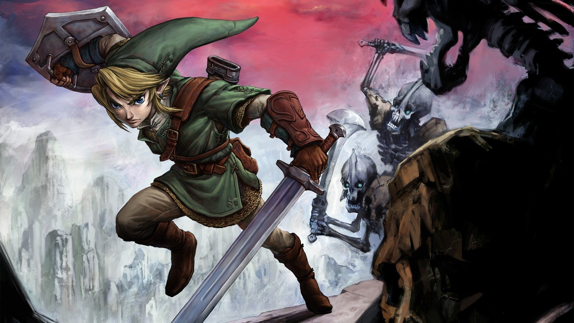 Link battling Stalfos in a snowy mountain landscape from the Legend of Zelda series