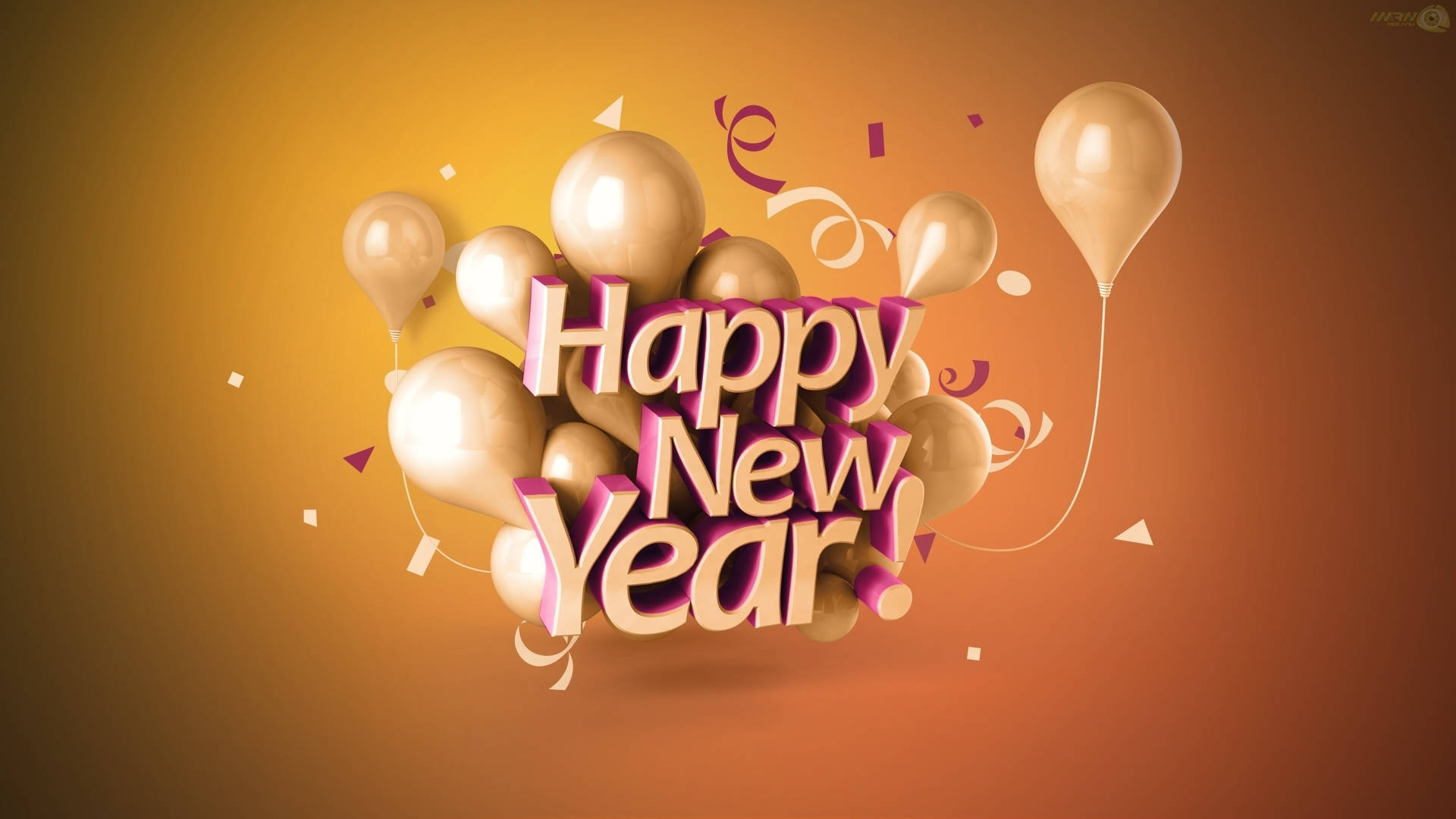 3D Happy New Year greeting with gold balloons and confetti on a warm orange background