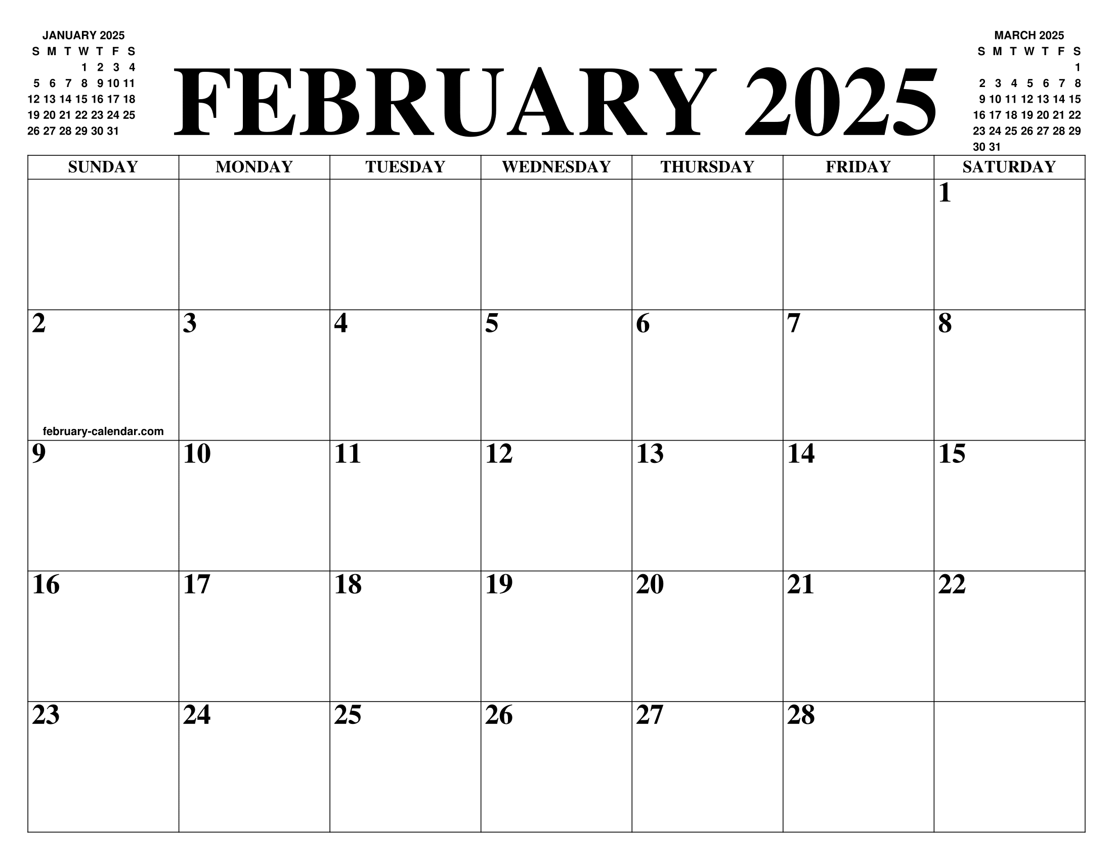 February 2025 calendar with a clean and simple design