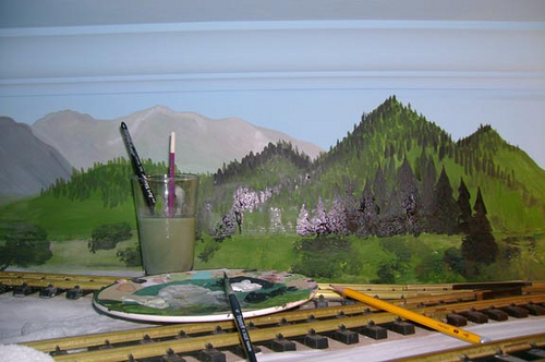 Model train background Model train set goes all around his