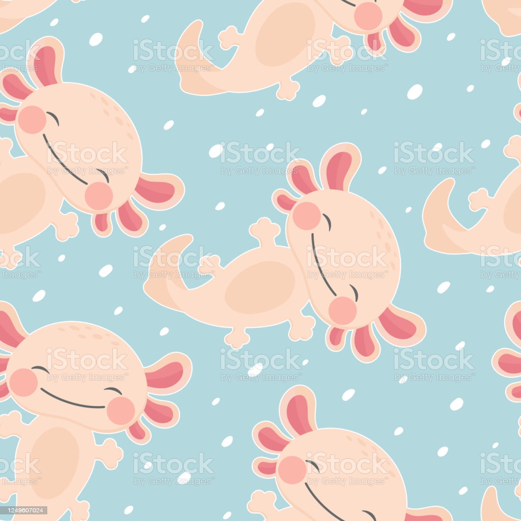 Axolotl Kawaii Seamless Pattern Baby Amphibian Background Stock