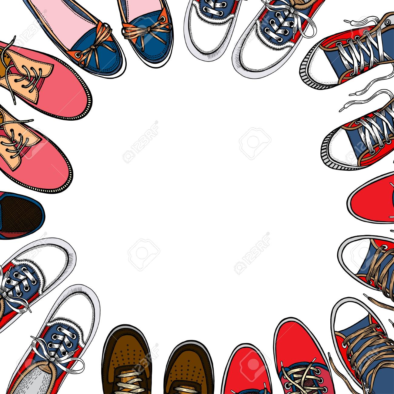 Background Of Many Sports Shoes Lined Up In A Circle With