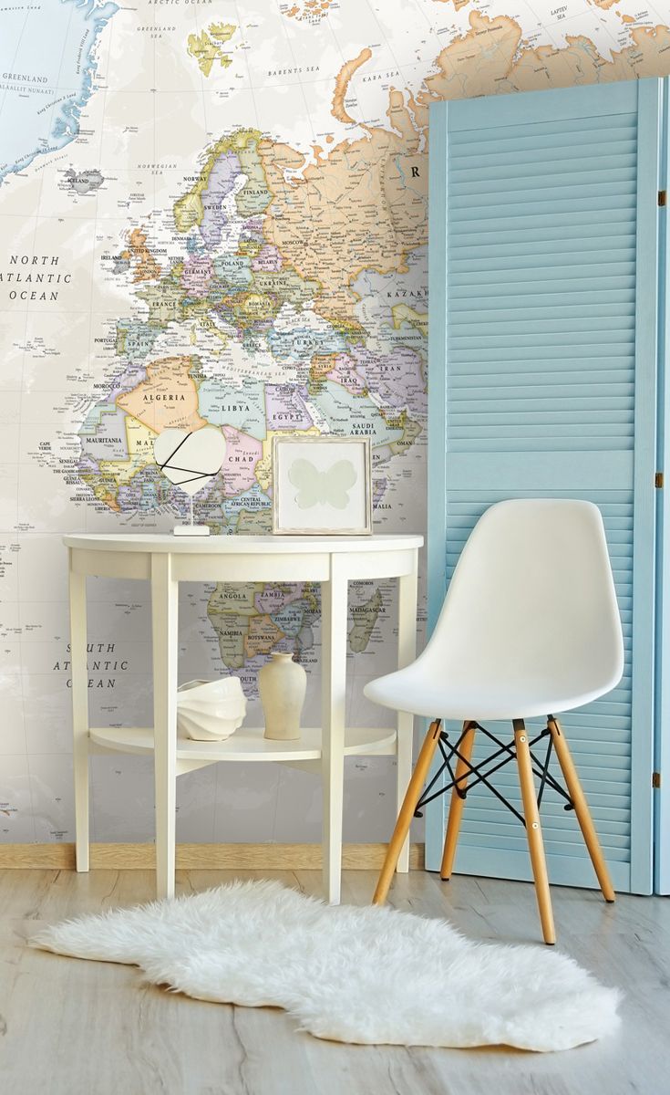 Classic World Map In Home Office Wallpaper