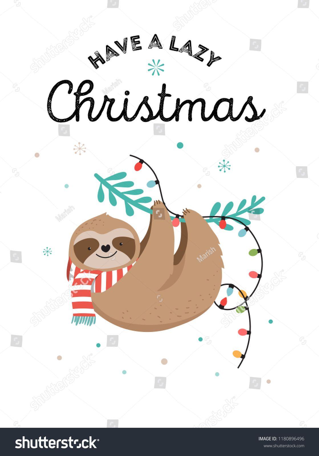 Cute lazy sloths funny Merry Christmas illustrations with Santa
